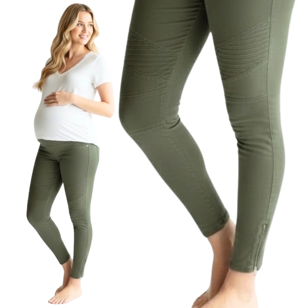Isabel Maternity Moto Jeggings Olive Green Size 8 Full Panel Ankle Zip Autumn